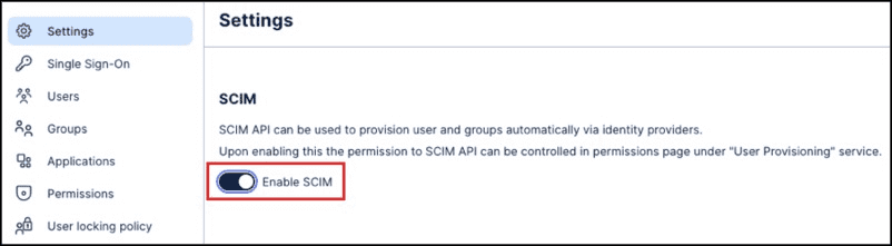 A screenshot of where to enable SCIM in admin & settings. 