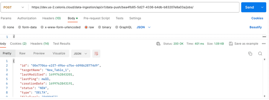 Postman create DataPushJob request